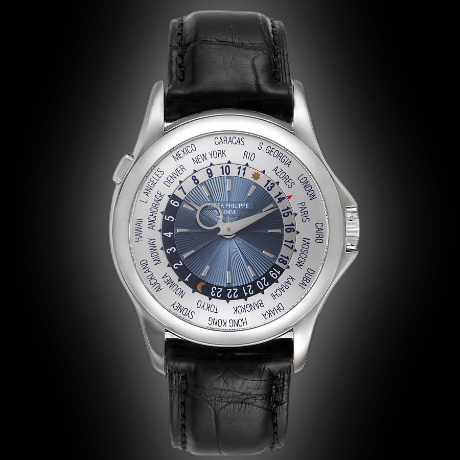Patek Philippe Complications 5130 Blue Dial, Platinum, GMT, Men's
