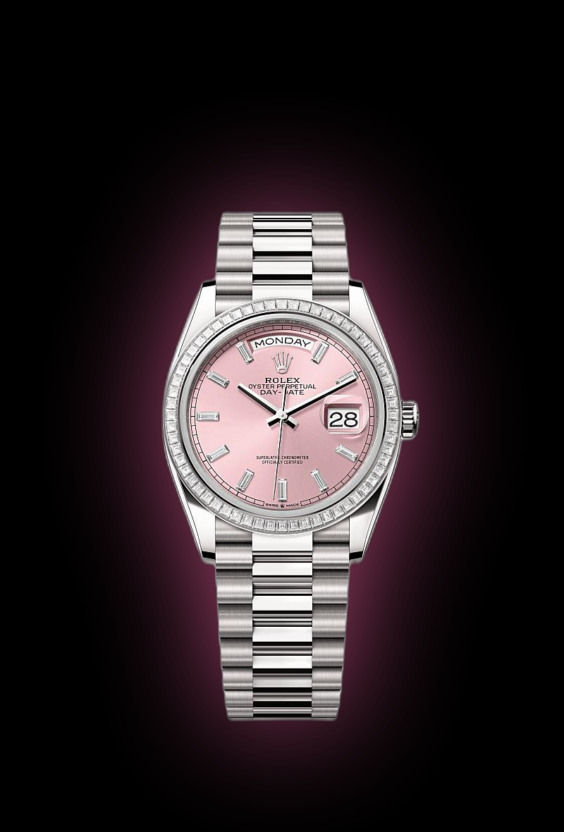 Rolex Day-Date 36 128399 Pink Dial, 18 kt White Gold, 36.0 mm, Opal