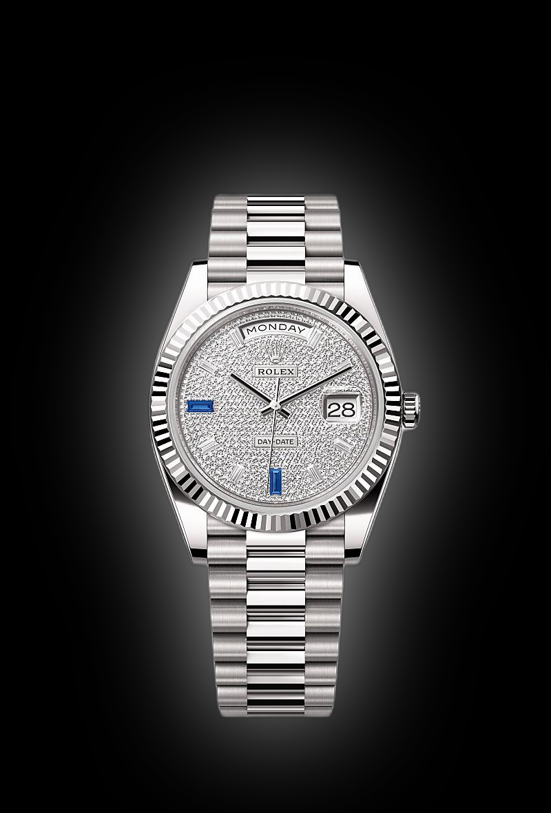 モンテ Rolex Day-Date 40 White Gold Meteorite Baguette Dial 228239