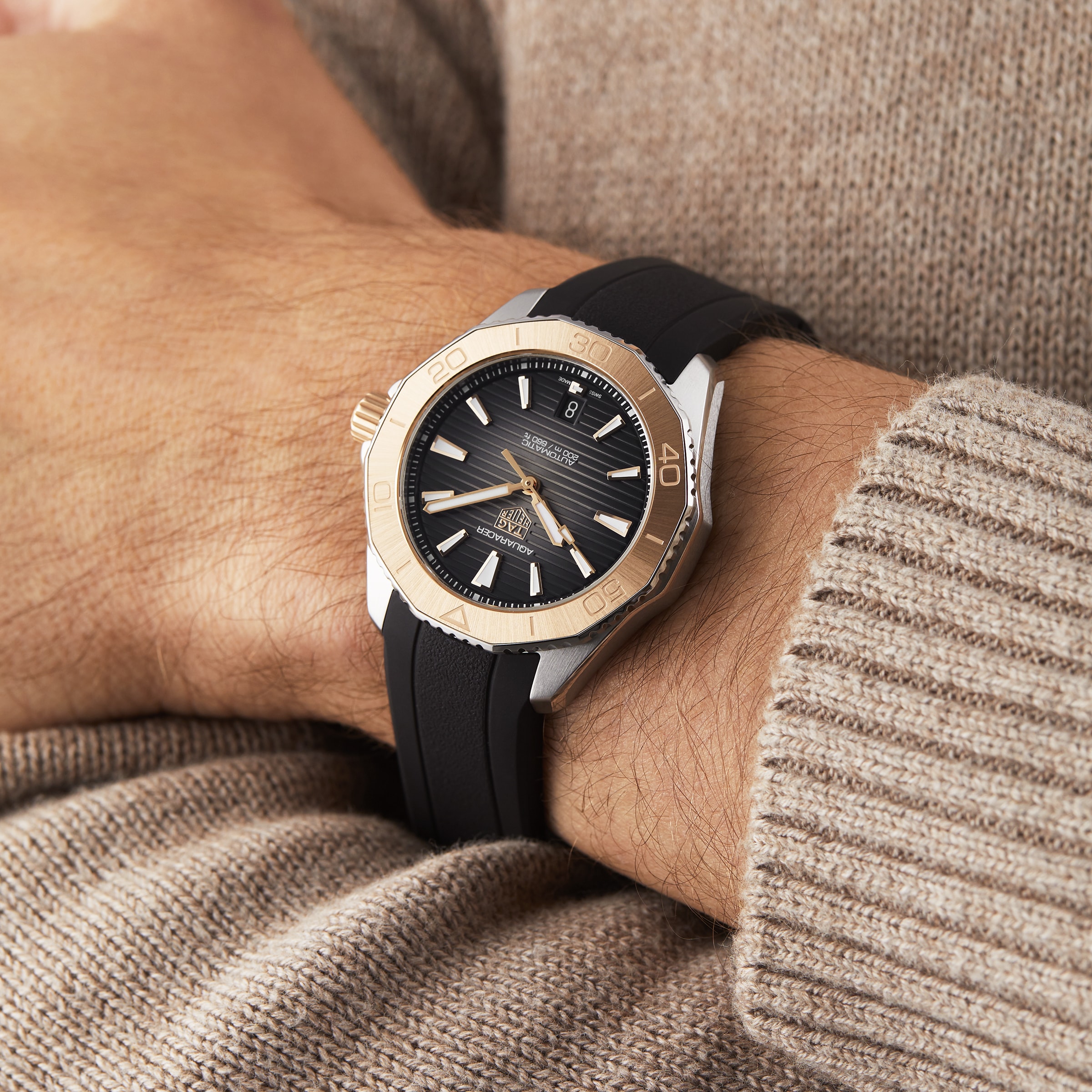 Tag Heuer Two-Tone Black Dial Watch with Brown Leather Accents TAG Heuer Aquaracer FT6199 Black Dial, Gold, Date, Rubber main image 3