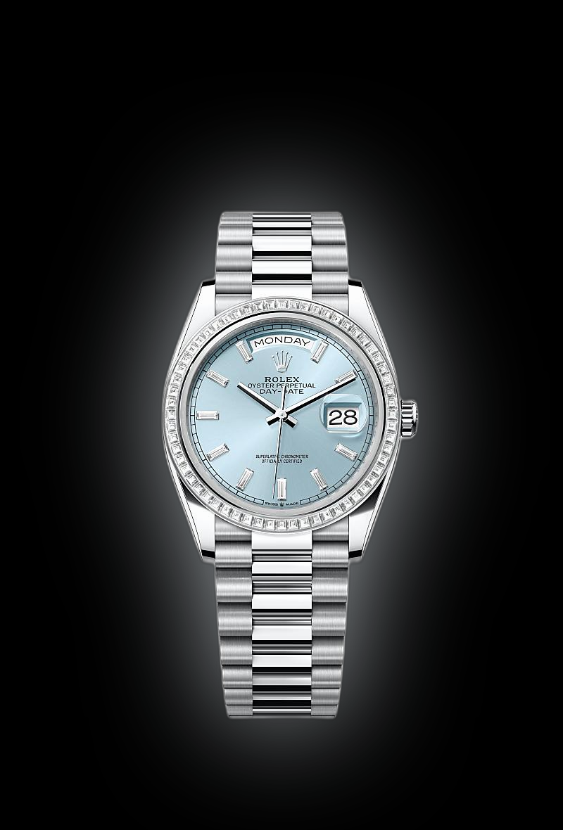 レパルテ　love rule Rolex Day-Date 36 128396 Ice Blue Dial, Platinum, 36.0 mm, Diamonds