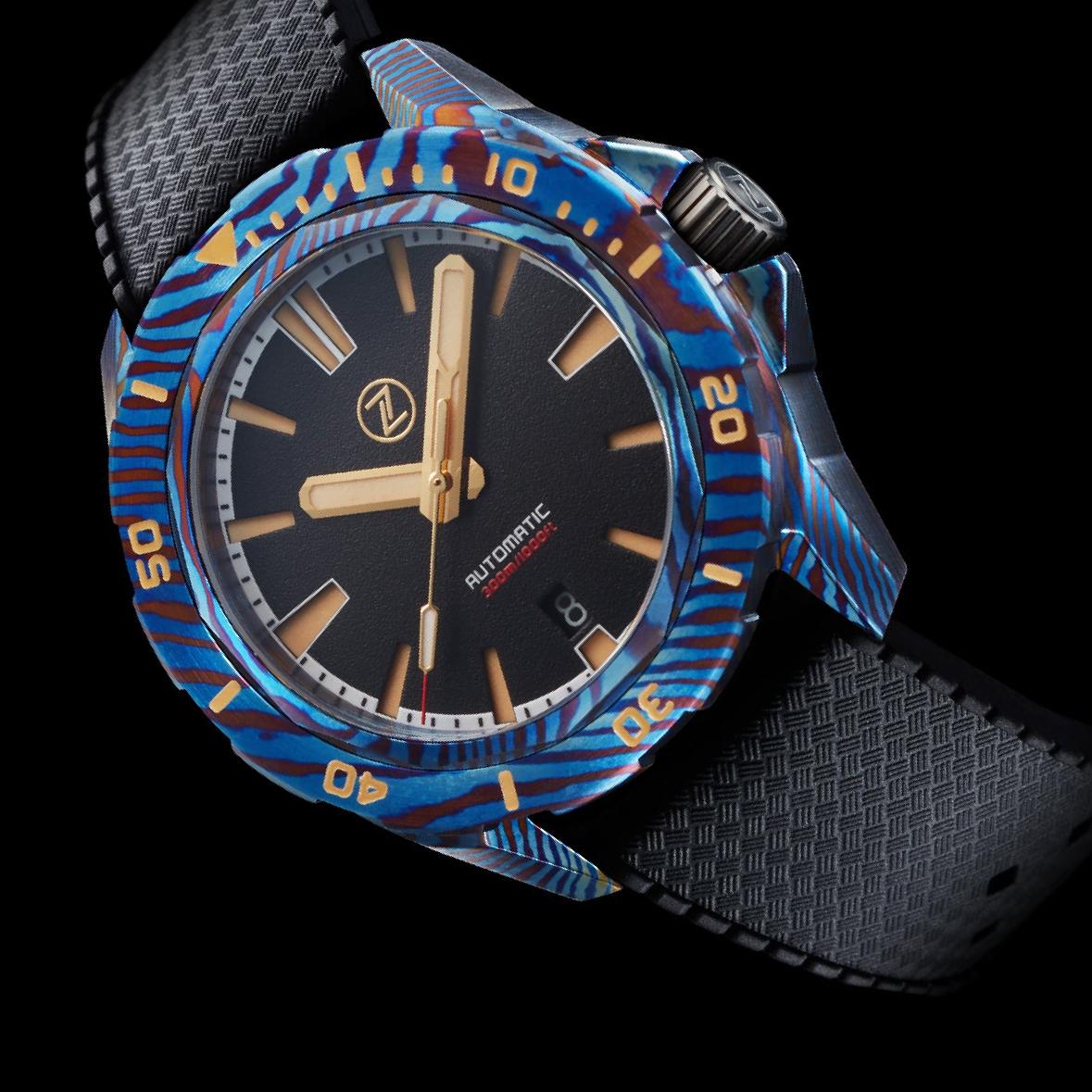 Zelos The Swordfish Blue Ti-Damascus Blue, Horween Leather Leather