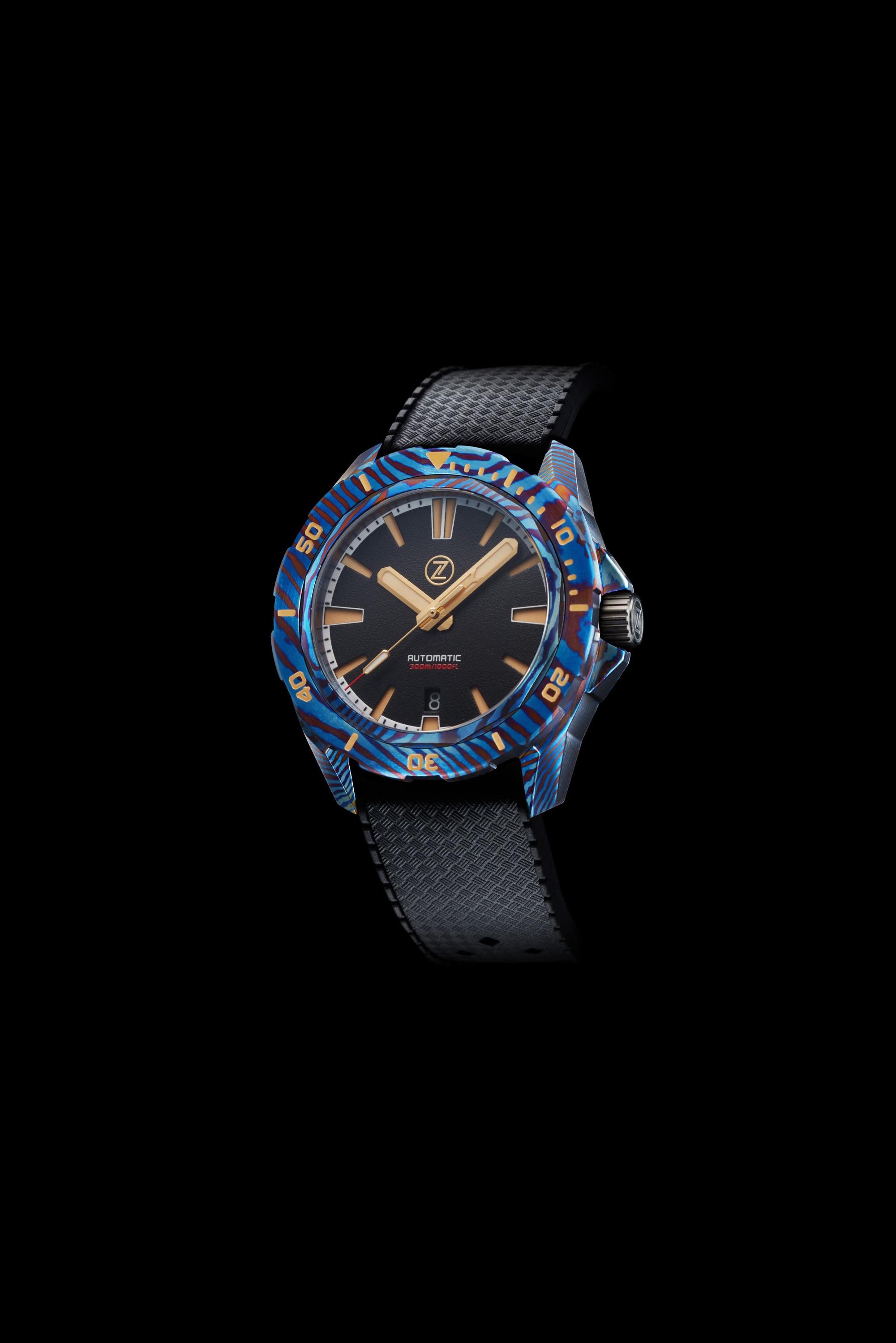 Zelos The Swordfish Blue Ti-Damascus Blue, Horween Leather Leather