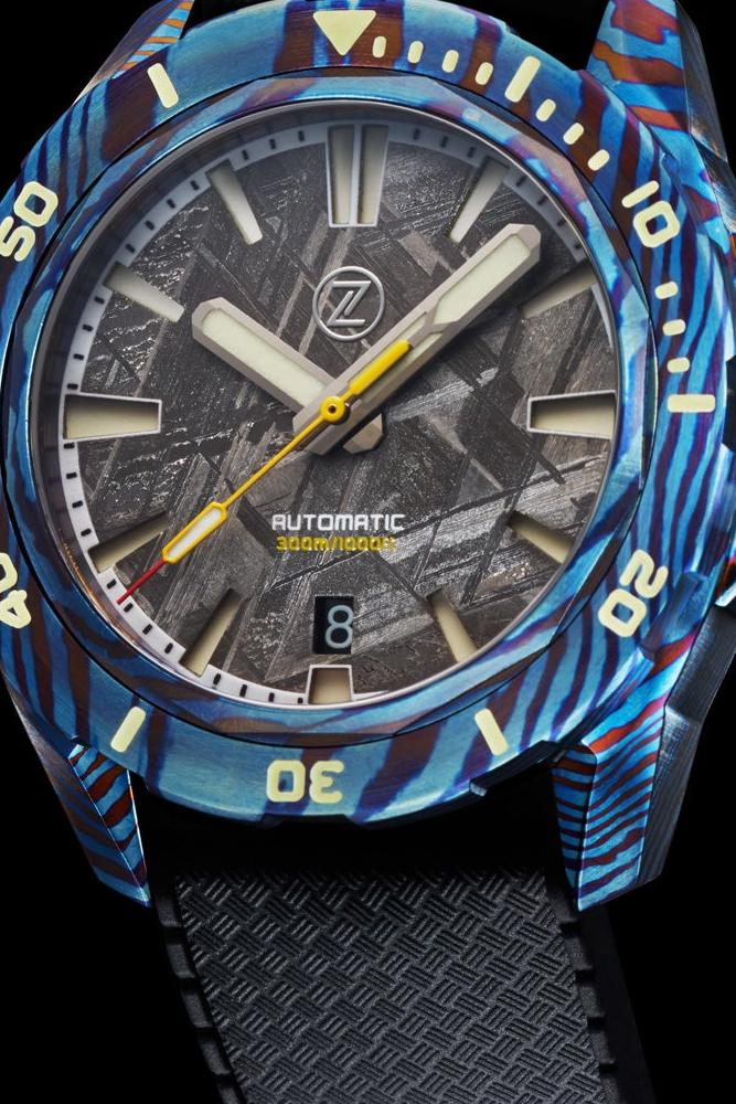Zelos The Swordfish Blue Ti-Damascus Blue, 300 m, Meteorite Dial