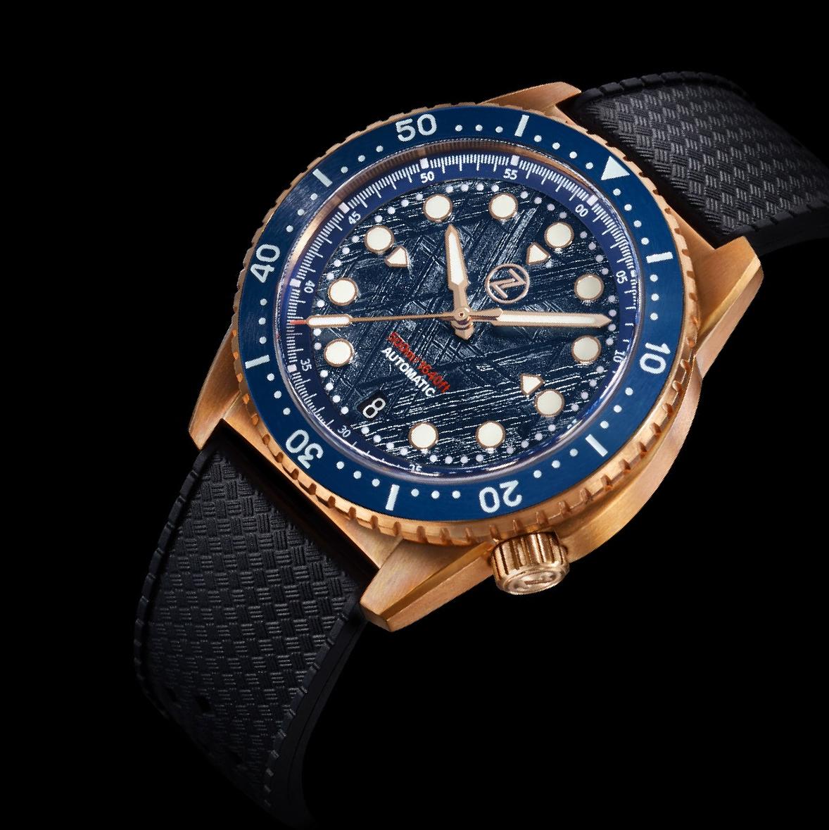 Zelos Mako V2 500 m Diver Ceramic, Blue Meteorite Dial, Bronze, 40 mm