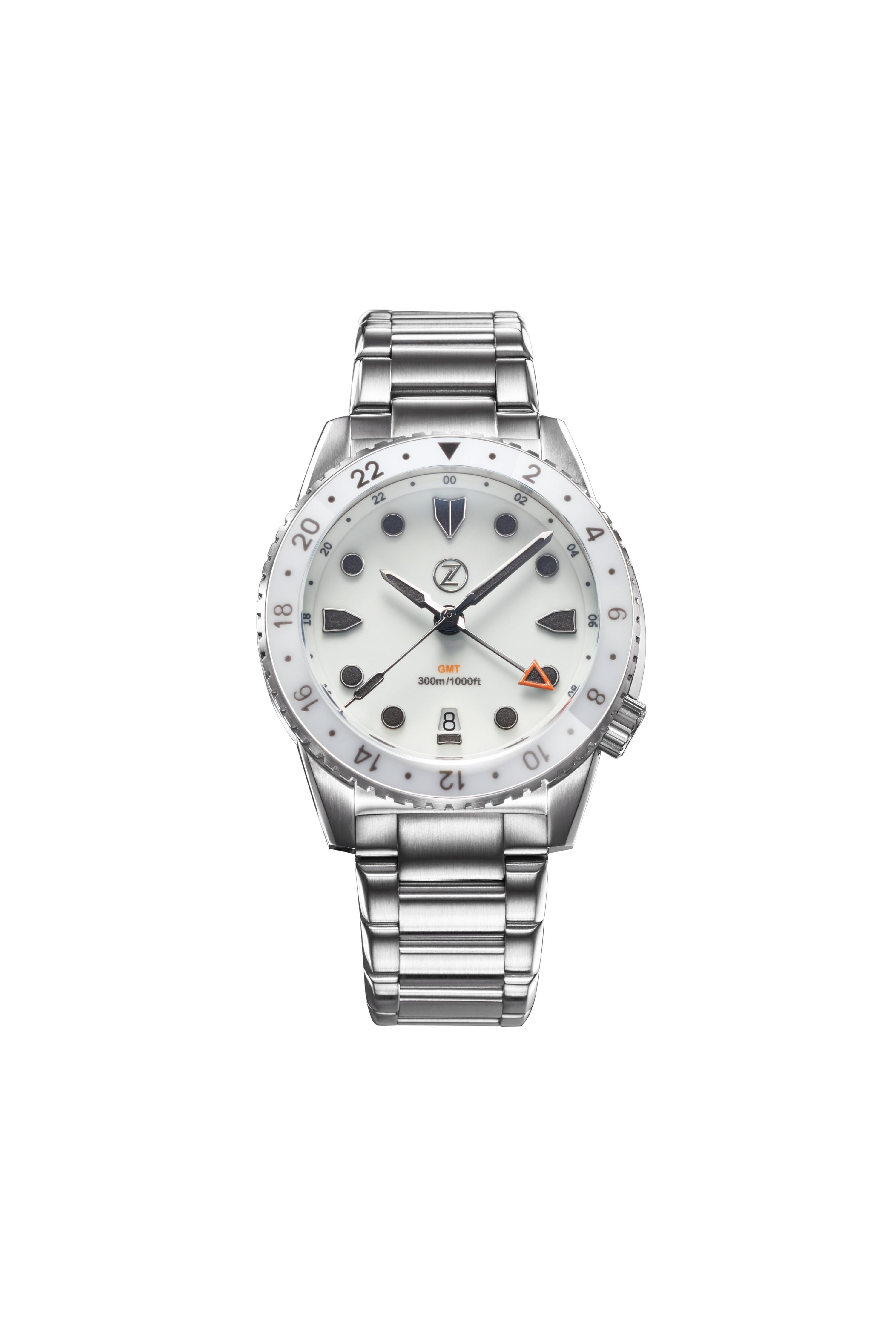 Zelos Mako 300 m GMT, White, Frost Dial, Stainless Steel, 40 mm