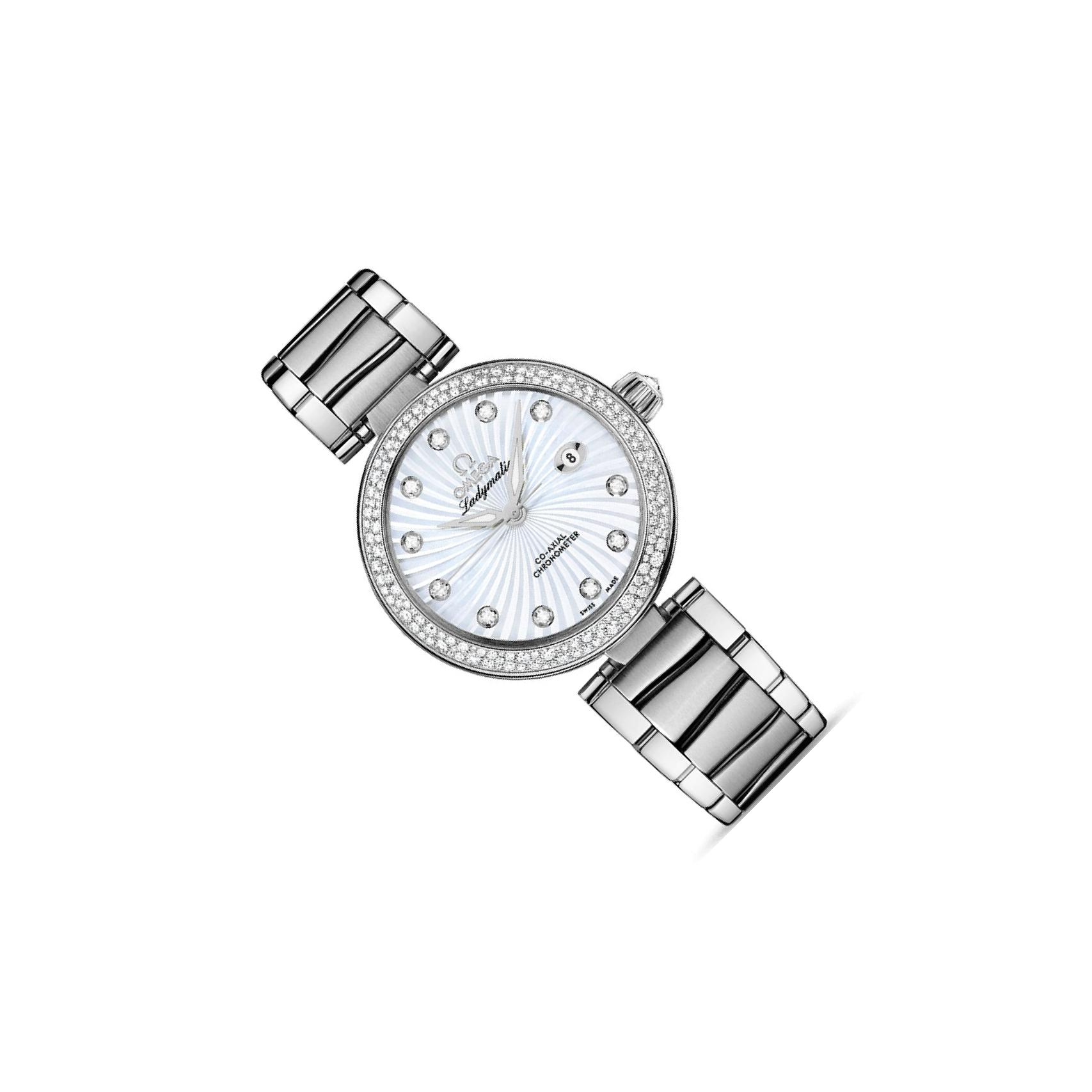 オメガ デヴィル レディマティック コーアクシャル 34mm ダイヤベゼル 11Pダイヤ シェル De Ville Ladymatic 425.35.34.20.55.001 箱 保証書 SS レディース時計 ホワイトシェル 仕上げ済 美品 【中古】 OMEGA - オメガ デヴィル レディマティック コーアクシャル 34mm