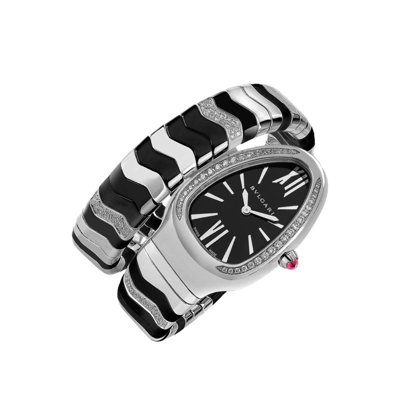 Bulgari Serpenti Spiga Black Dial, Ceramic, 35.0 mm, Gem-Set