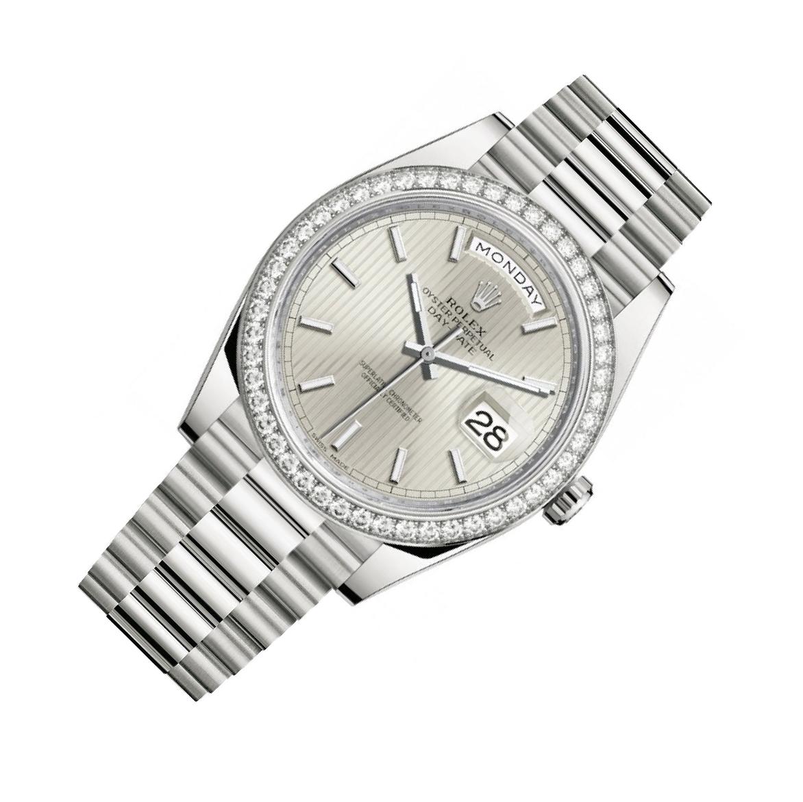 Rolex Day-Date 40 228349 Silver Stripe Dial, 18kt White Gold, 40.0