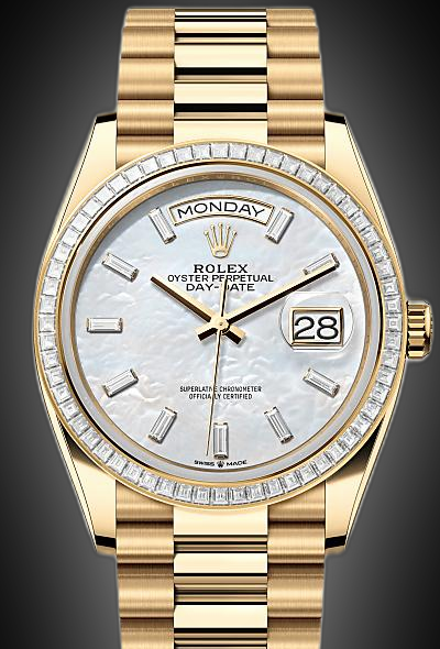 Rolex Day-Date 36 128398 White Mother of Pearl Dial, 18 kt Yellow