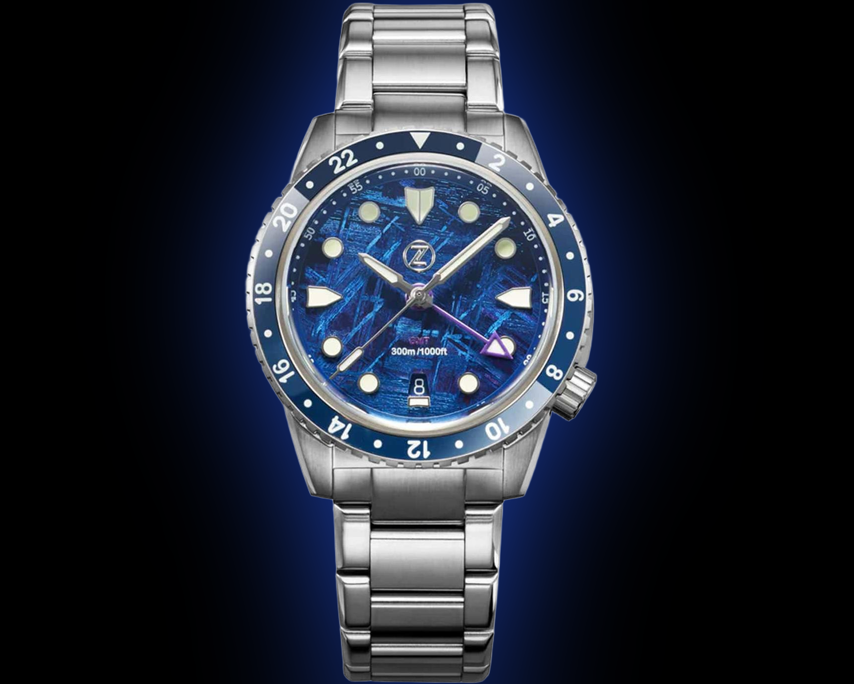 Zelos Mako 300 m GMT, Meteorite, Blue PVD with Purple Hues Dial