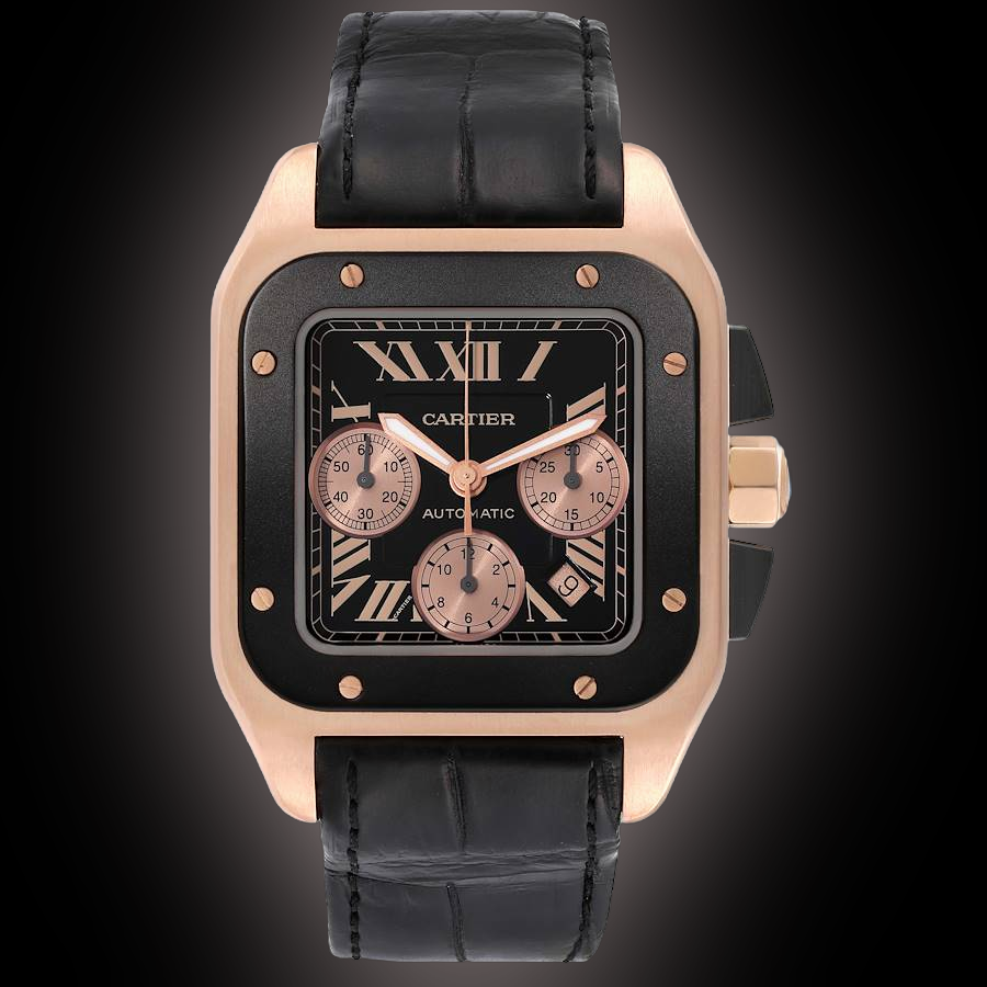 Cartier Santos 100 W202 Black Dial, 18kt Rose Gold, 54.9 mm