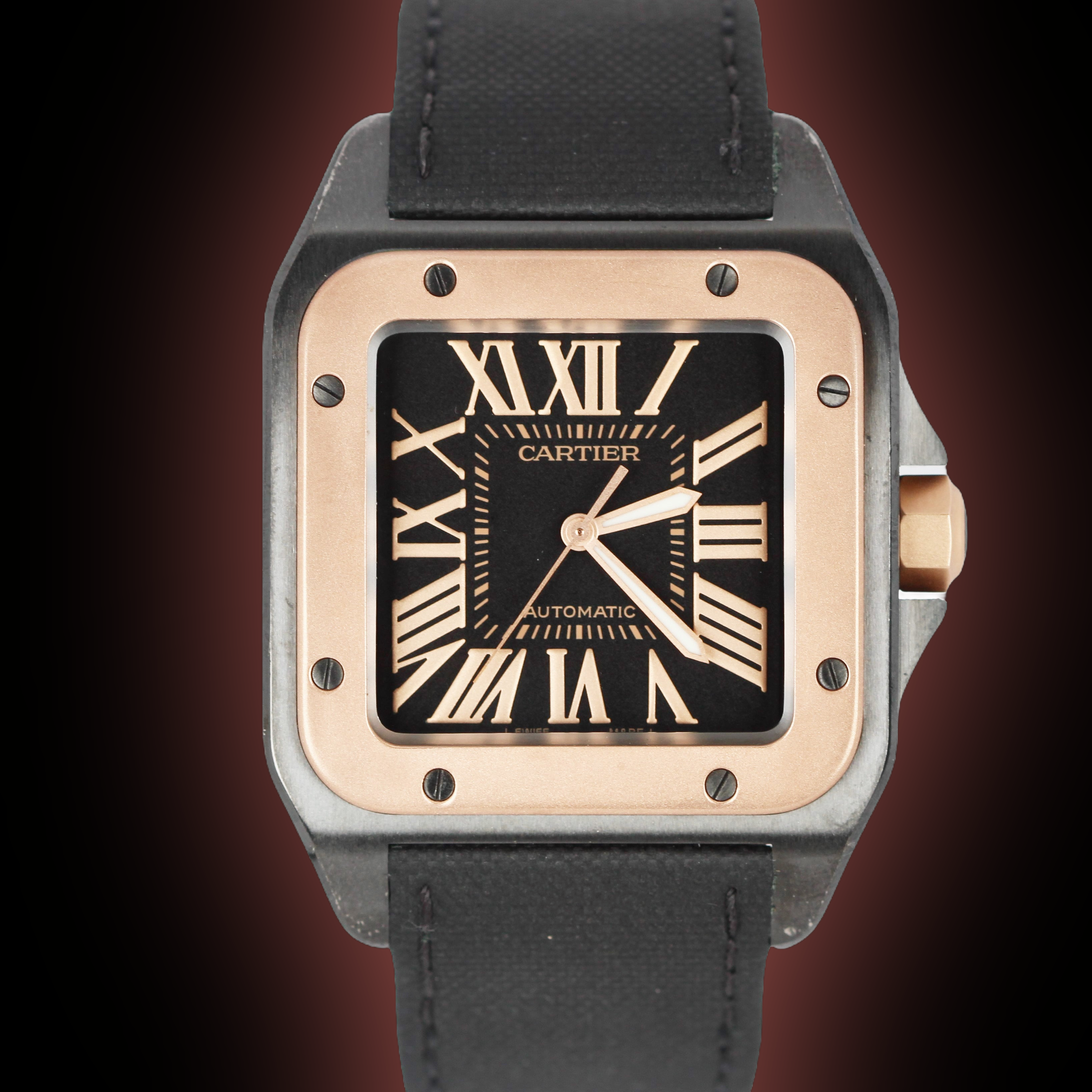 Cartier Santos 100 W202 Black Dial, 18kt Rose Gold, mm