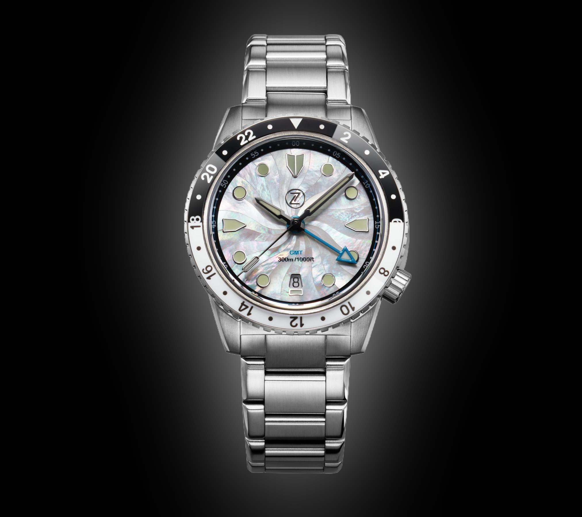 Zelos Mako 300 m GMT, White Mother of Pearl Dial, Stainless Steel