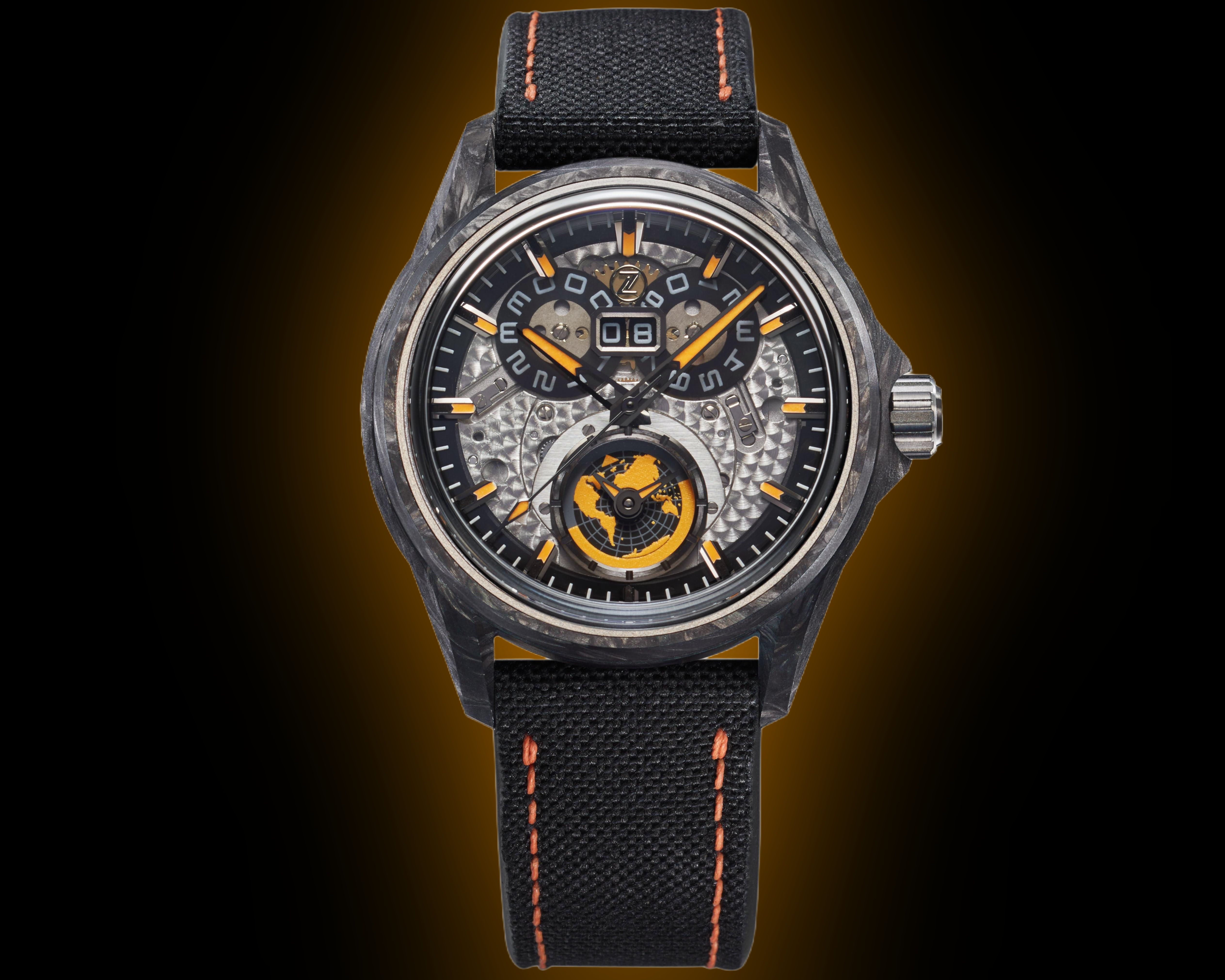 Zelos Spearfish Dual Time Carbon Supernova, Clear Sapphire Dial
