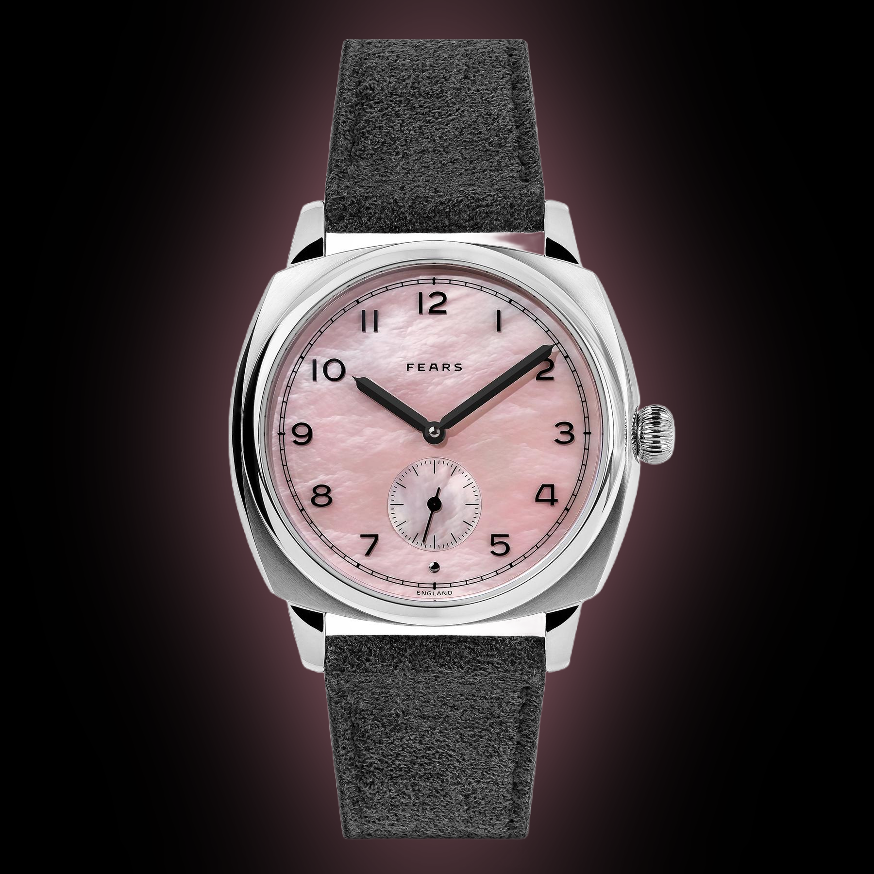 フェントン ピンククレスト Cut & Block オパールセントコンポート Fears Brunswick Orchid Pink Mother of Pearl Dial, Stainless Steel