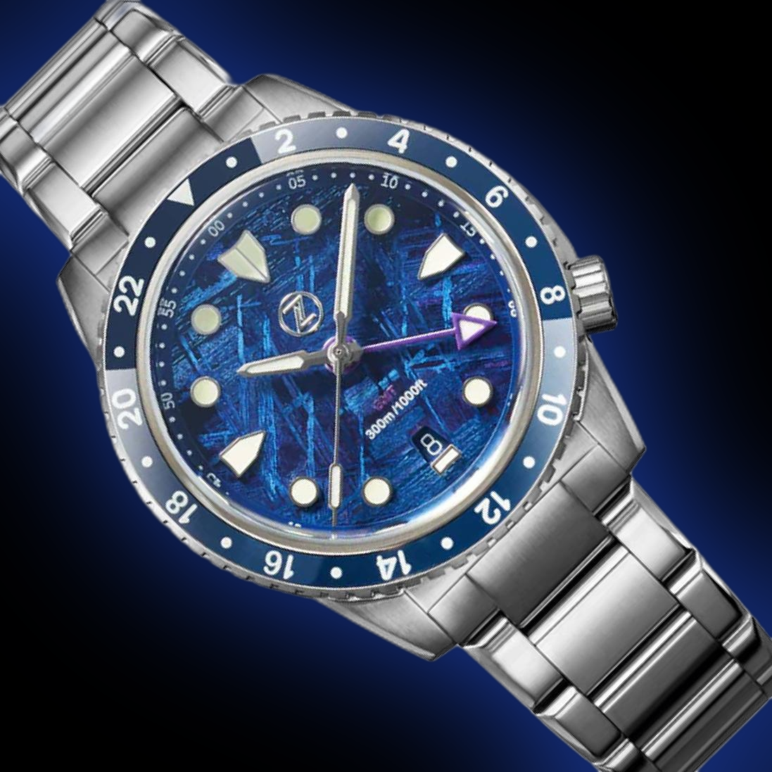 Zelos Mako 300 m GMT, Meteorite, Blue PVD with Purple Hues Dial