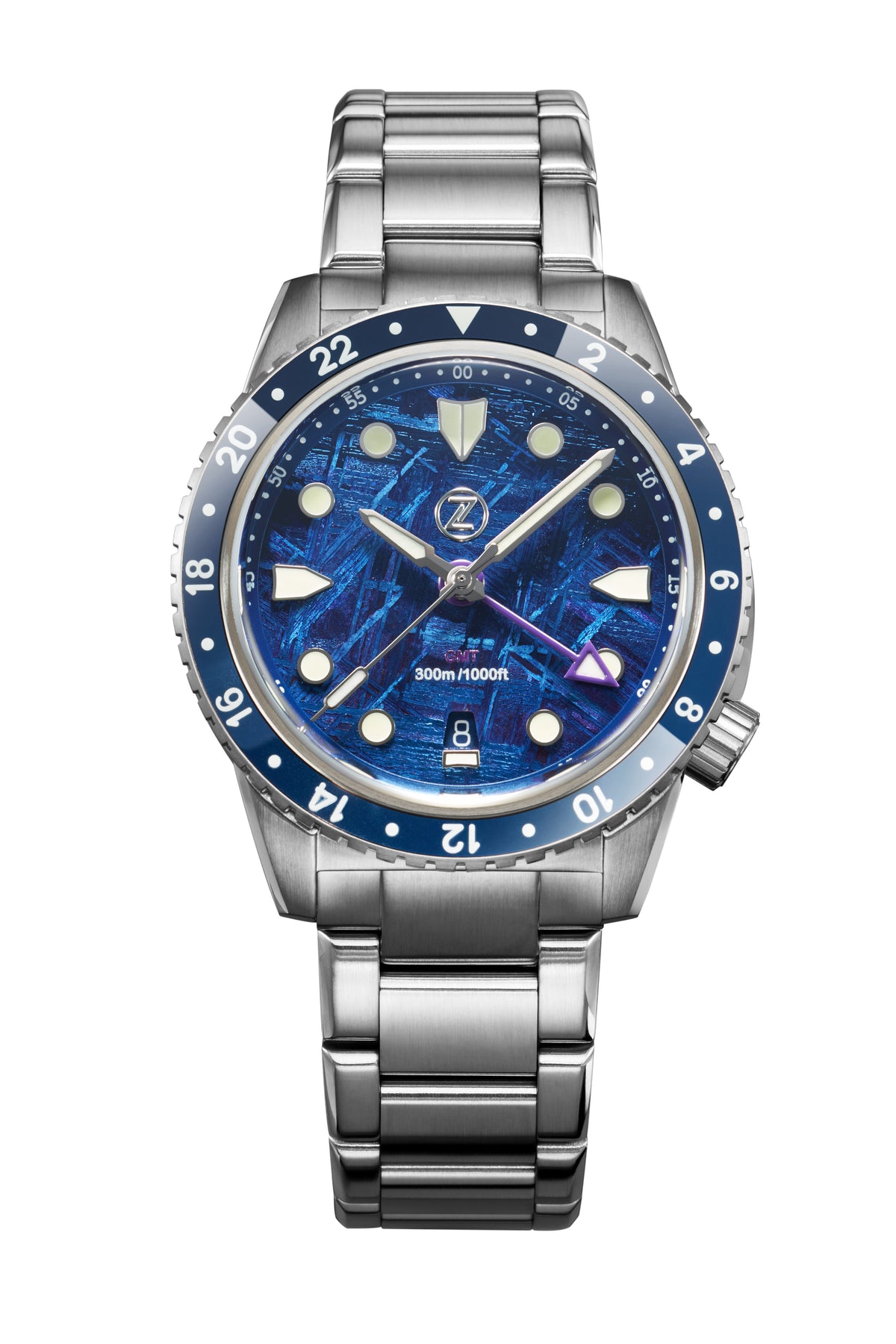 Zelos Mako 300 m GMT, Meteorite, Blue PVD with Purple Hues Dial