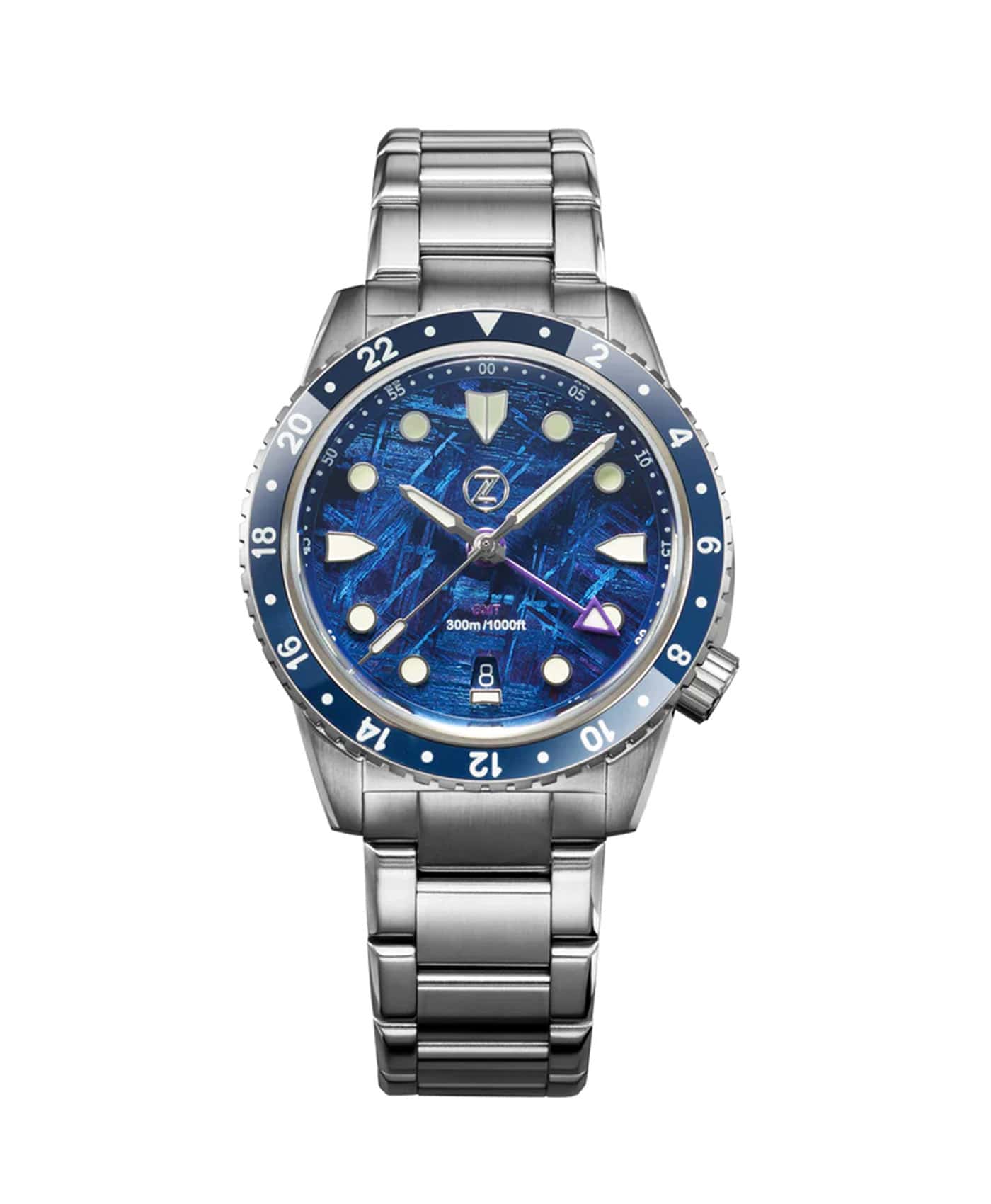Zelos Mako 300 m GMT, Meteorite, Blue PVD with Purple Hues Dial