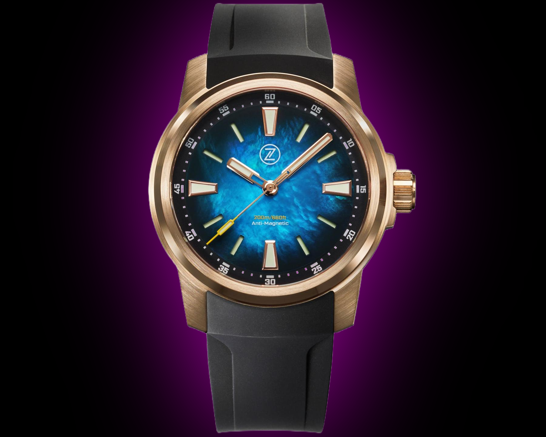 千羽鶴 (ペールブルー） Zelos Aurora Field 38 mm Br Launch Special, Hammered Blue Dial