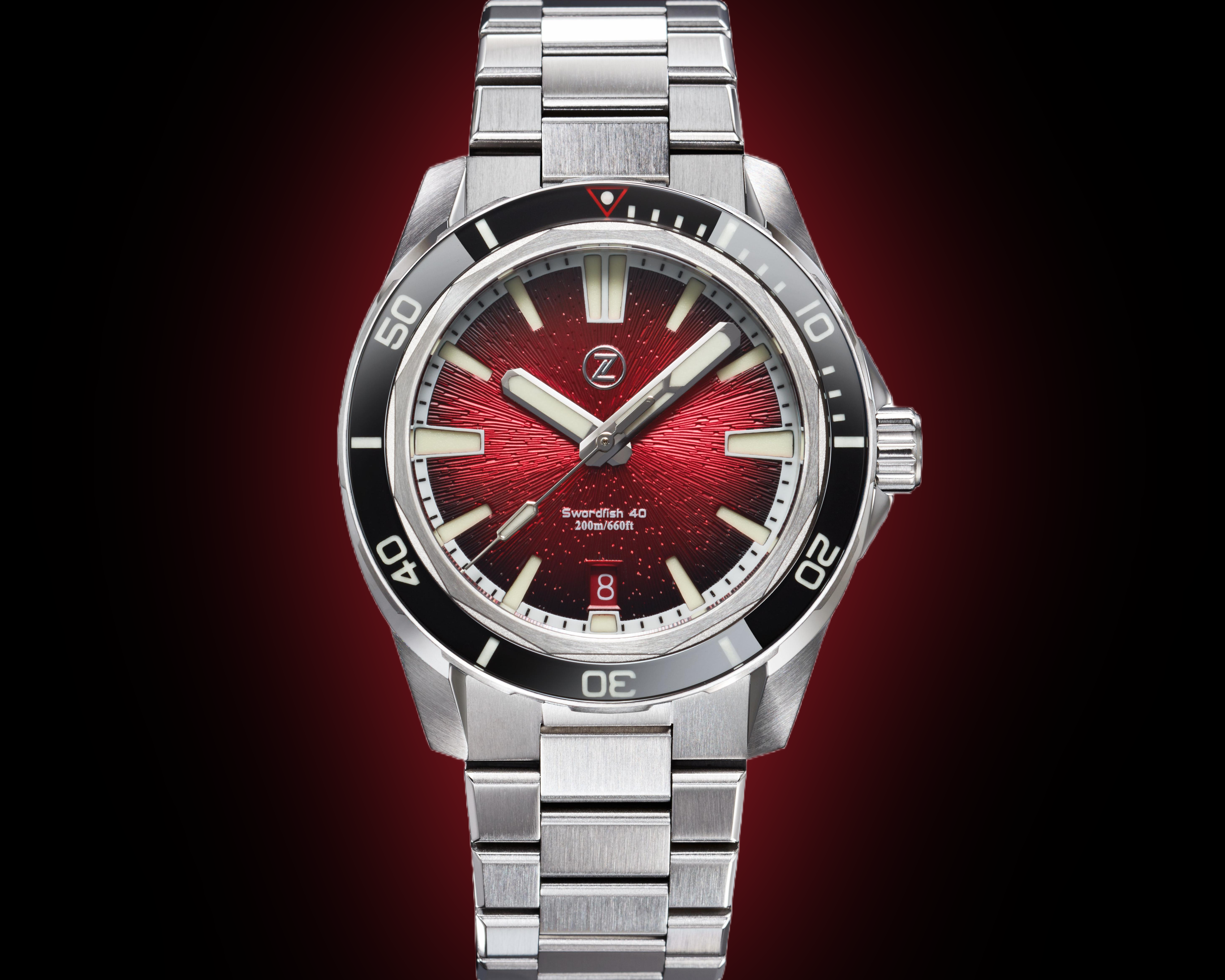 Zelos The Swordfish 40 mm 200 m, Crimson Red Dial, Stainless Steel