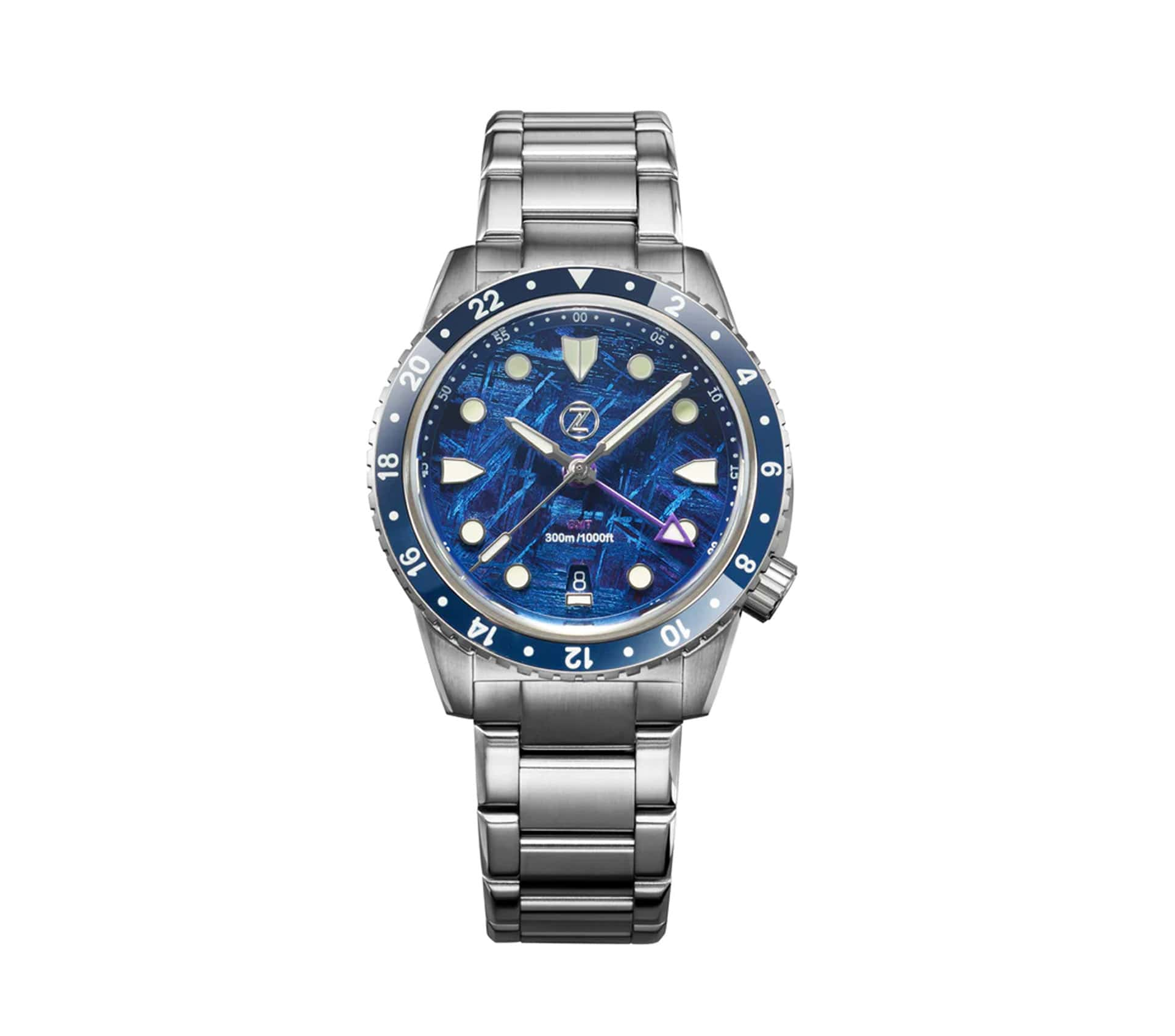 Zelos Mako 300 m GMT, Meteorite, Blue PVD with Purple Hues Dial